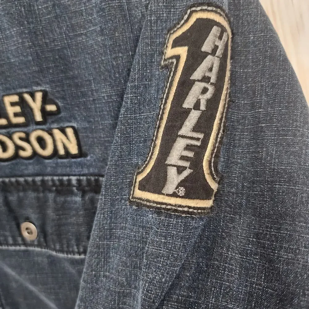 Men's Harley Davidson Button Up Short Sleeve Denim Patch Shirt 2XL - Picture 5 of 5